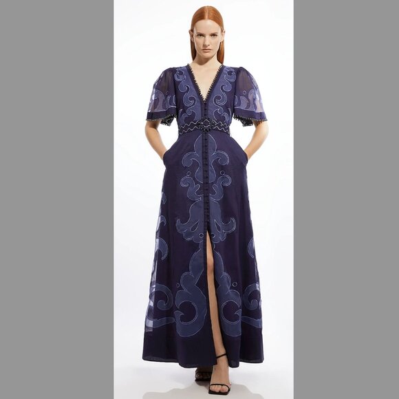 Karen Millen Baroque Applique Linen Organdie Woven Maxi Dress - Picture 1 of 5